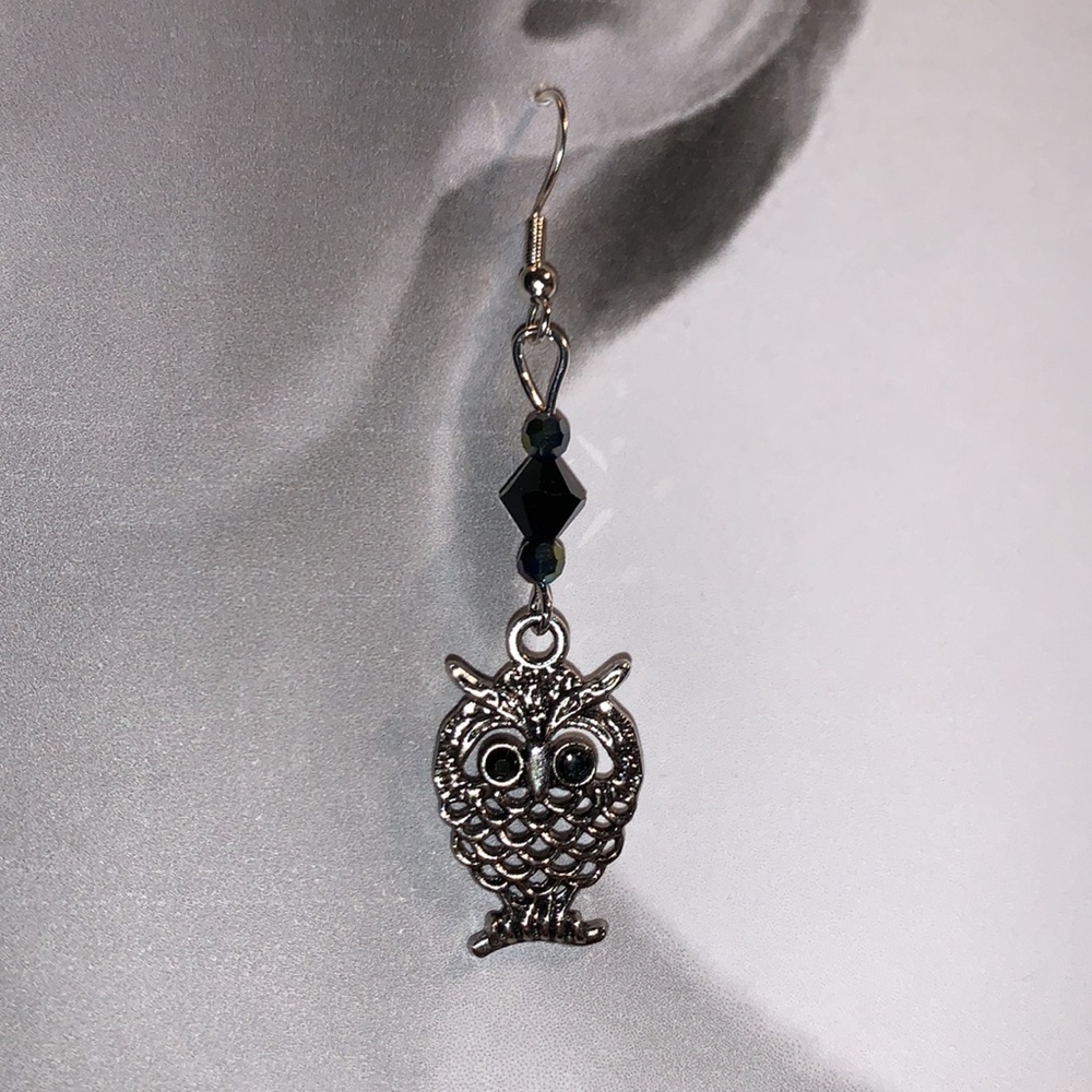 Handcrafted Black Faceted Beads Earrings with Drop Dangling Owl